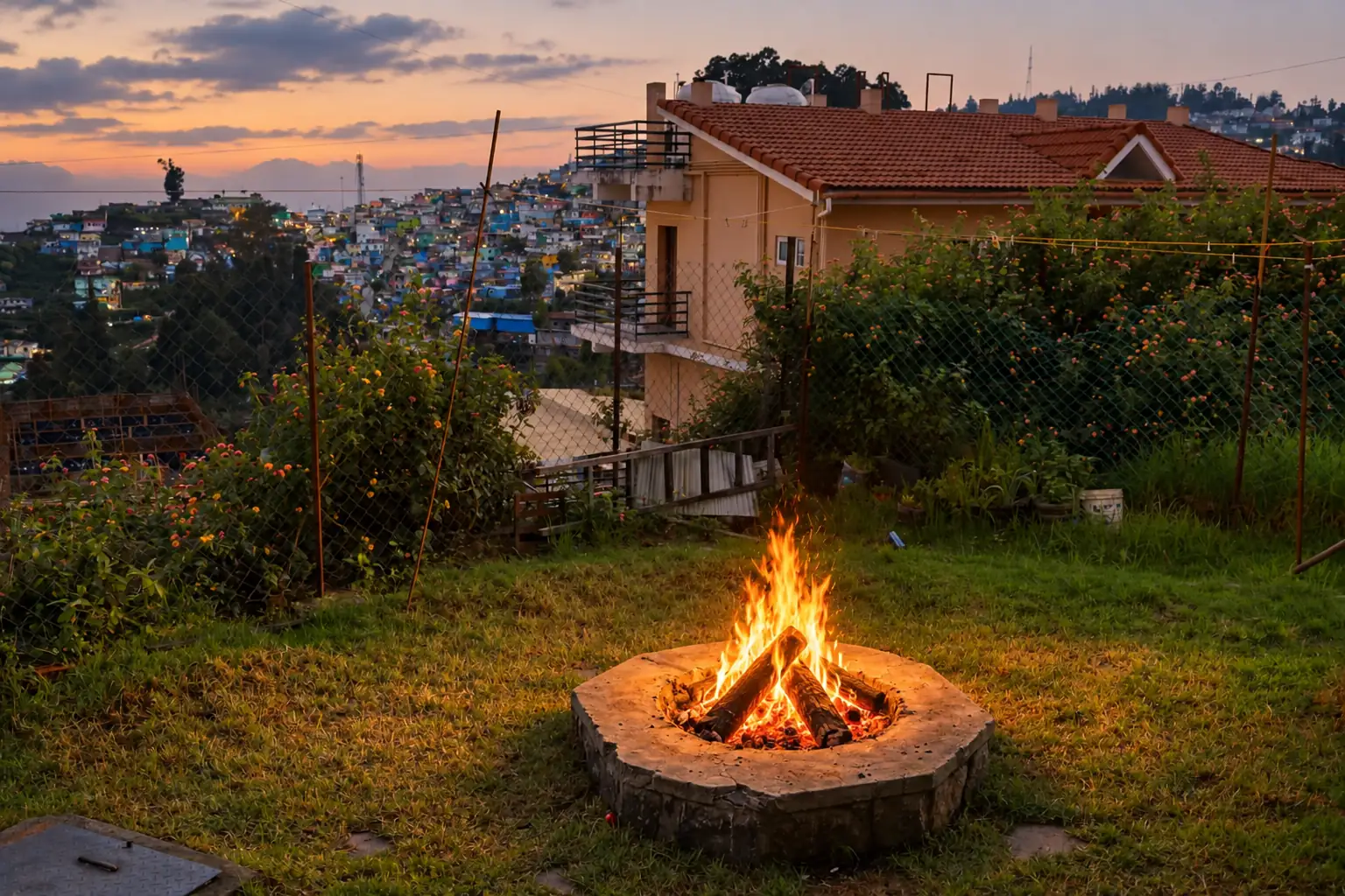 Outdoor fireplace at sunset