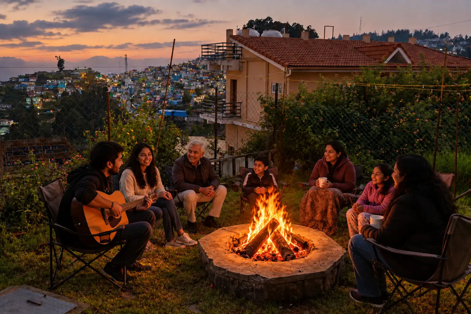 Family and friends spending an evening together around an outdoor fireplace